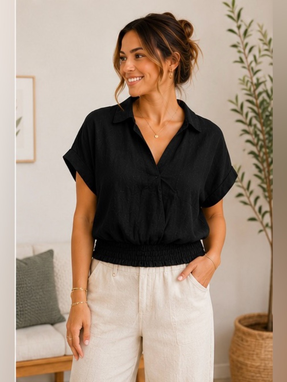 Zenana Outfitters Short-Sleeve Collared Smocked-Hem Top NWOT